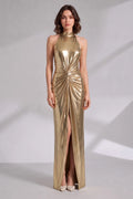 Gold Metallic Halter Neck Maxi Dress Flowering Girl