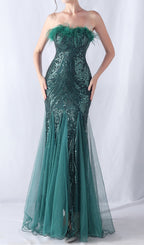 Choire Green Sequin Feather Maxi Dress Flowering Girl