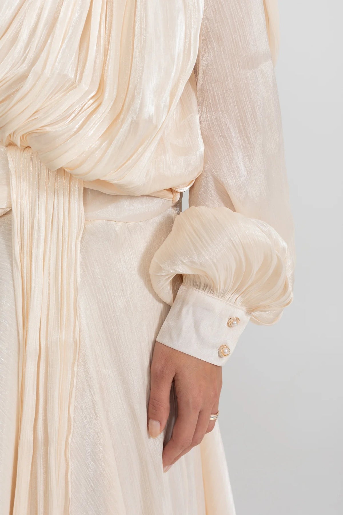 Ivory Pleated Bodice Draped Puff Sleeve Maxi Dress Flowering Girl