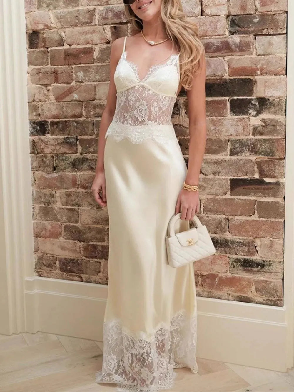 Erastes Spaghetti Lace Maxi Dress In Cream Flowering Girl