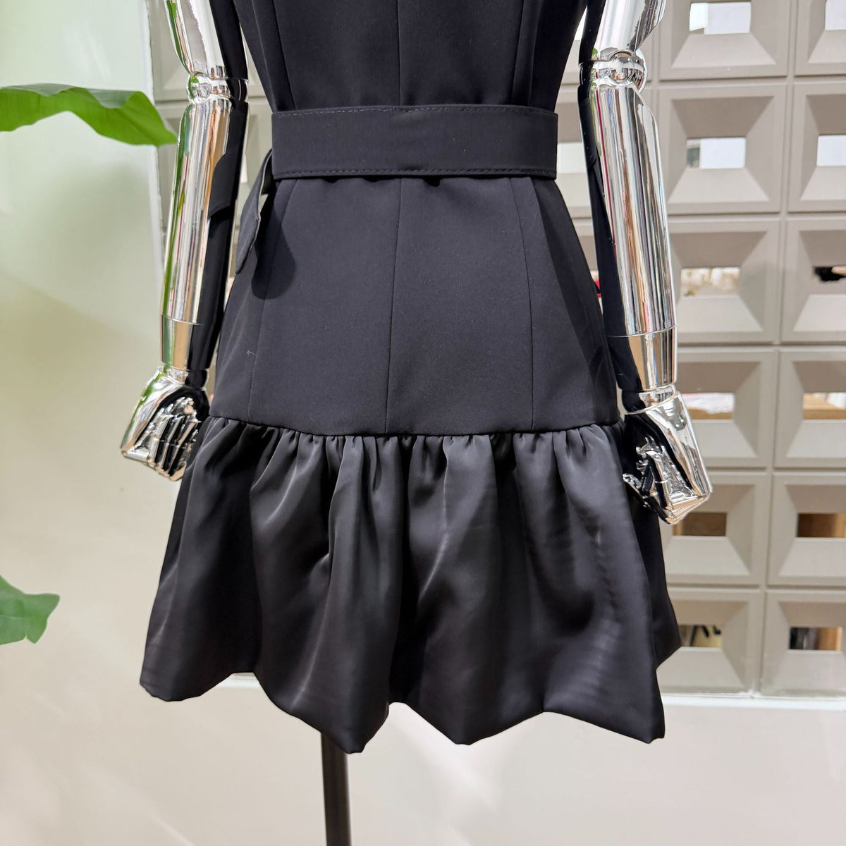 Black Matte Suiting Crepe Tailored Bodice with Flared Ruffled Hem Blazer Dress Flowering Girl