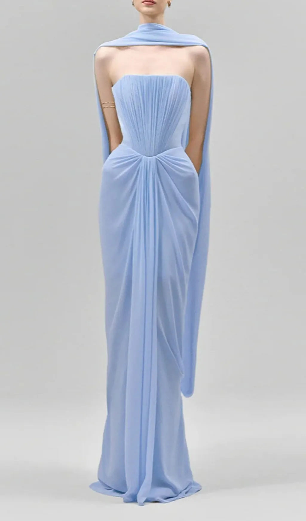 Kayley Blue Strapless Pleated Maxi Dress With Shawl Flowering Girl