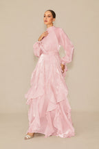 Pandora Puff Sleeve Ruffle Trim Maxi Dress In Pink Flowering Girl
