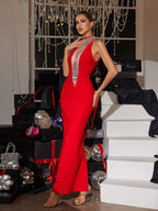 Rhinestone Bandage Maxi Dress In Red Flowering Girl