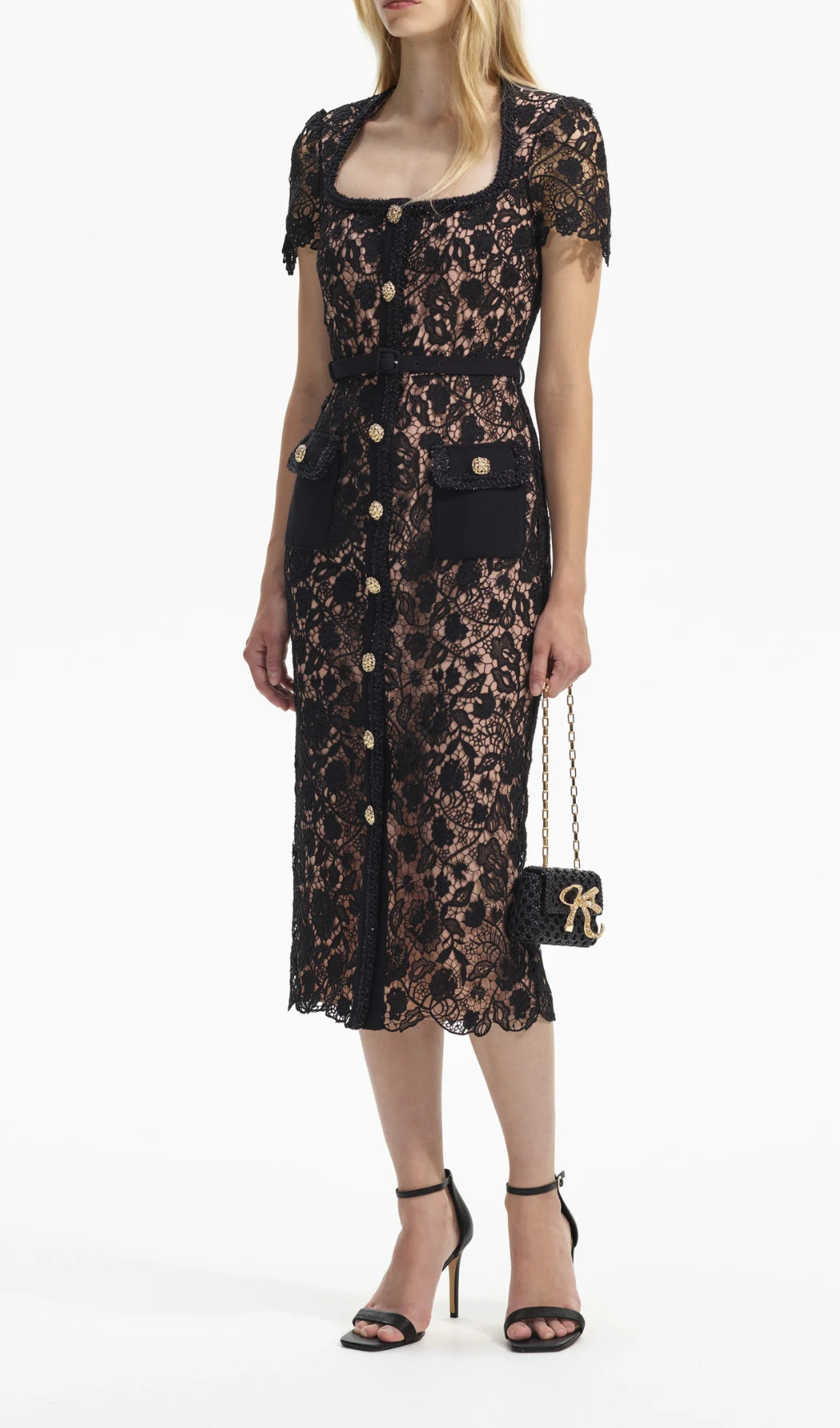 BLACK GUIPURE LACE SHORT SLEEVE MIDI DRESS Flowering Girl