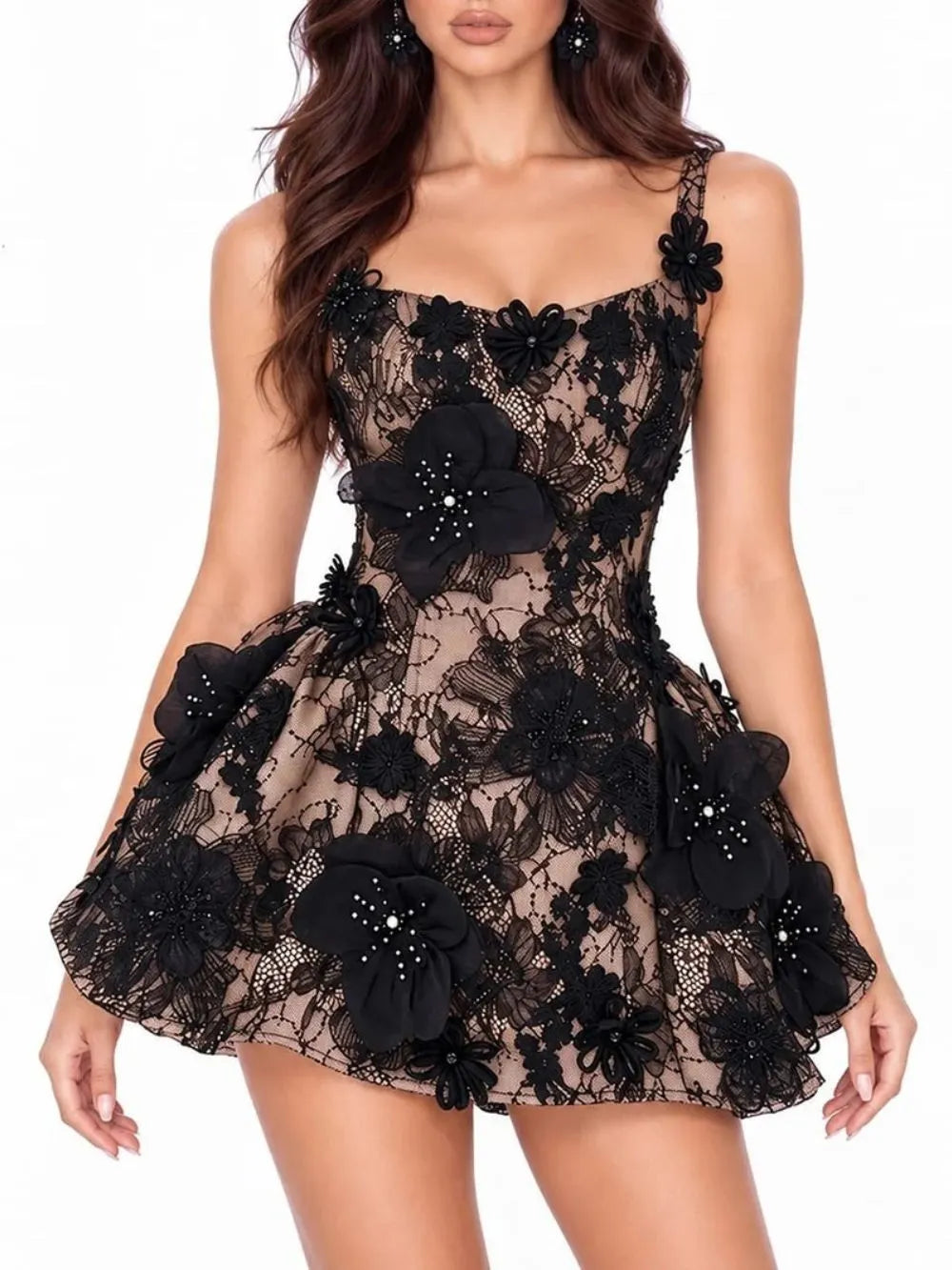 Izkane Flower Lace A-Line Mini Dress In Black Flowering Girl