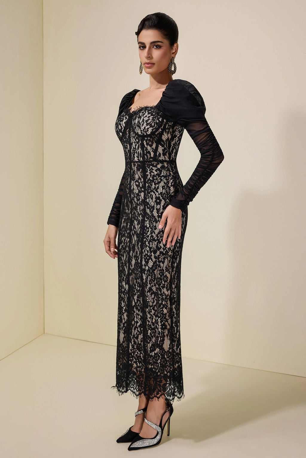 Wendy Lace Splicing Mesh Puff Sleeve Midi Dress In Black Flowering Girl