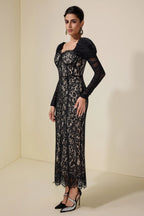 Wendy Lace Splicing Mesh Puff Sleeve Midi Dress In Black Flowering Girl