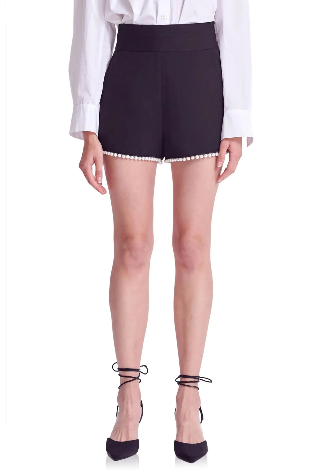 Imitation Pearl Trim High Waist Shorts In Black Flowering Girl