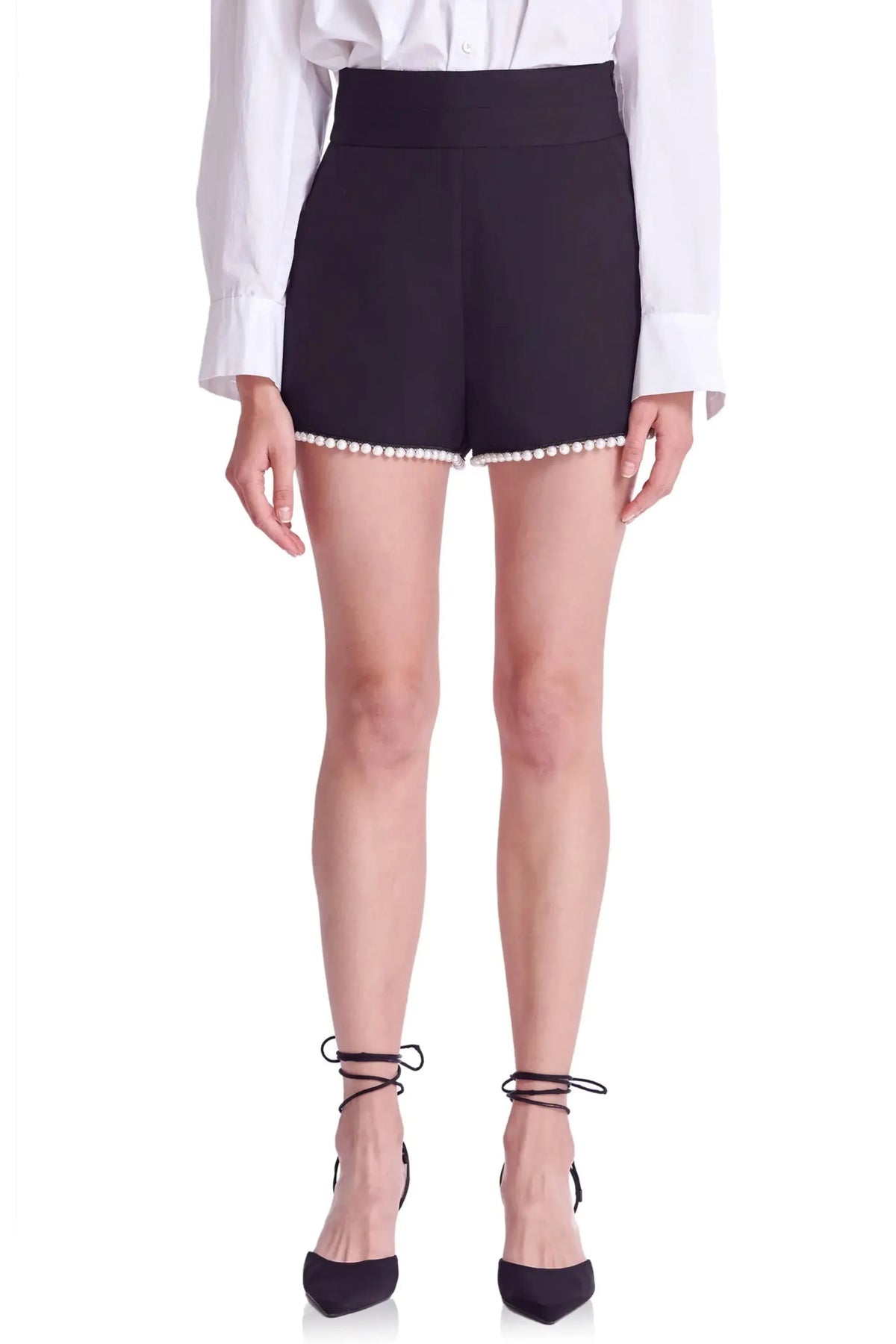 Imitation Pearl Trim High Waist Shorts In Black Flowering Girl