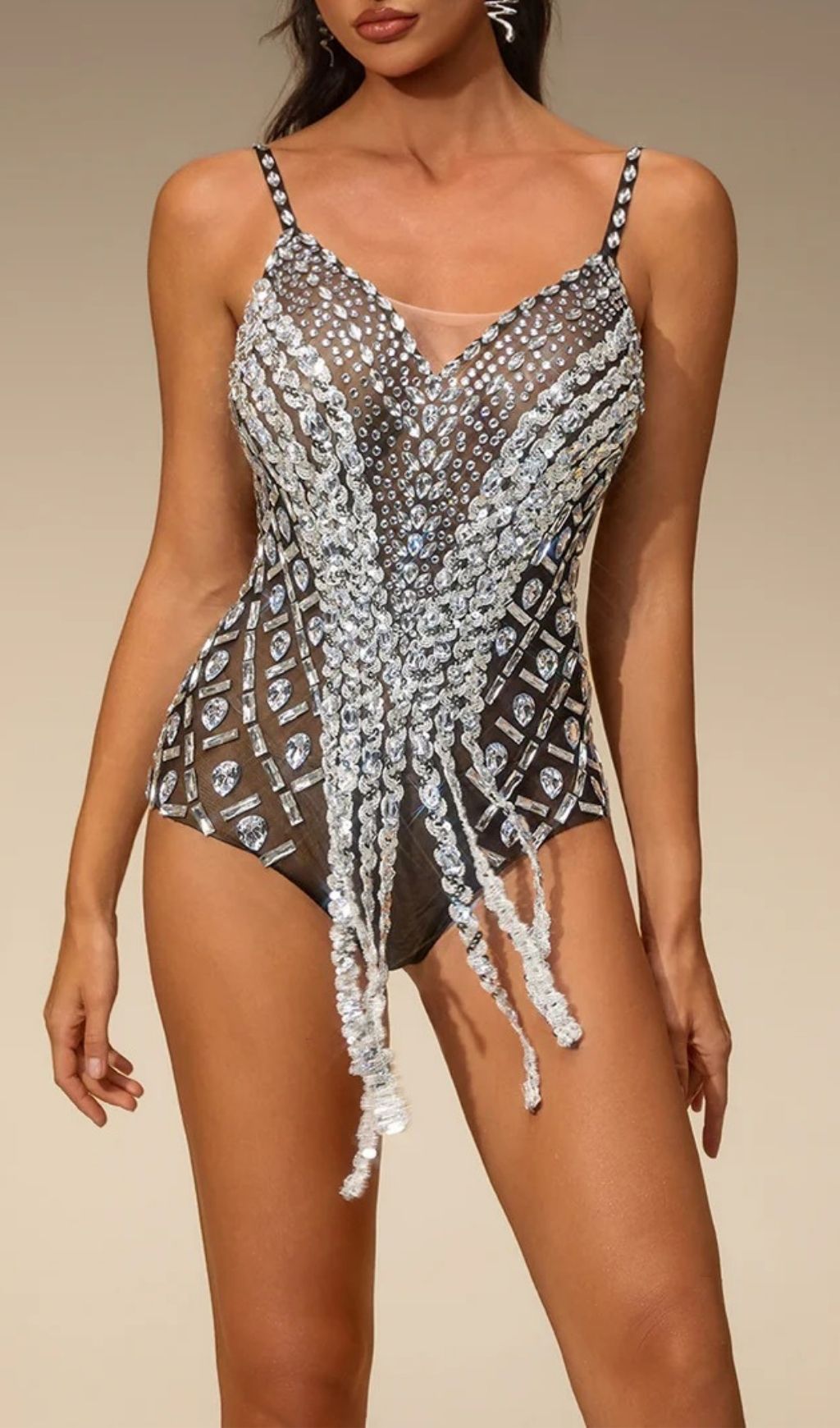 Siesra Spaghetti Crystal Fringe Bodysuit Flowering Girl