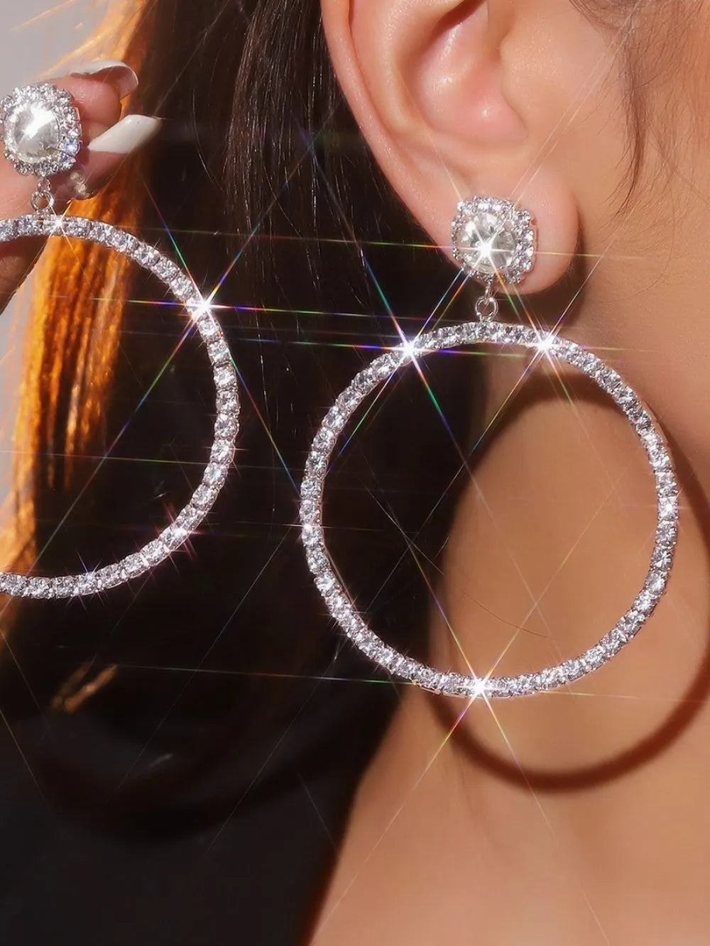 Silver Diamante Hoop Drop Earrings Flowering Girl