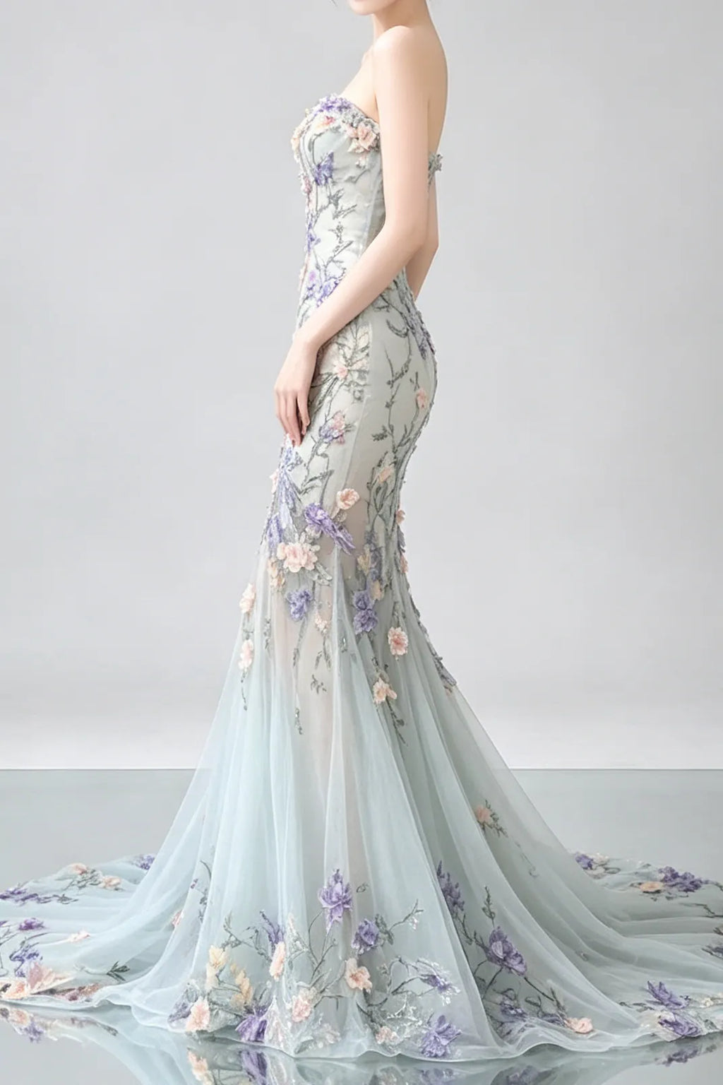 Strapless Pastel 3D Floral Tulle Mermaid Gown With Train Flowering Girl