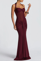 Bonao Halter Ruched Maxi Dress - Wine Flowering Girl