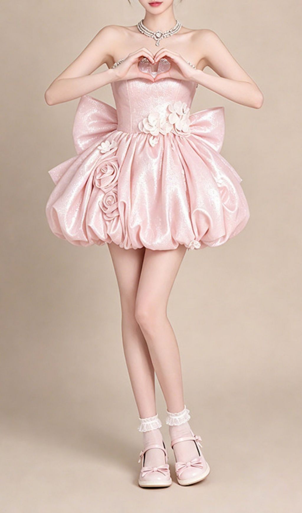 Krishika Pink Strapless Flower Bow Mini Dress Flowering Girl