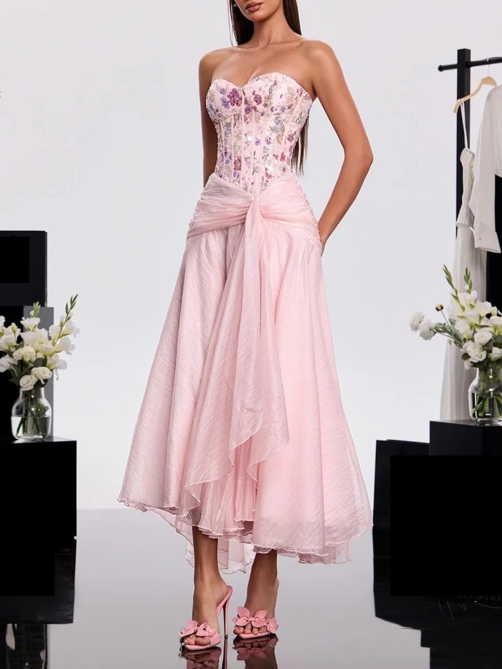Haruna Strapless Embroidered Midi Dress Flowering Girl