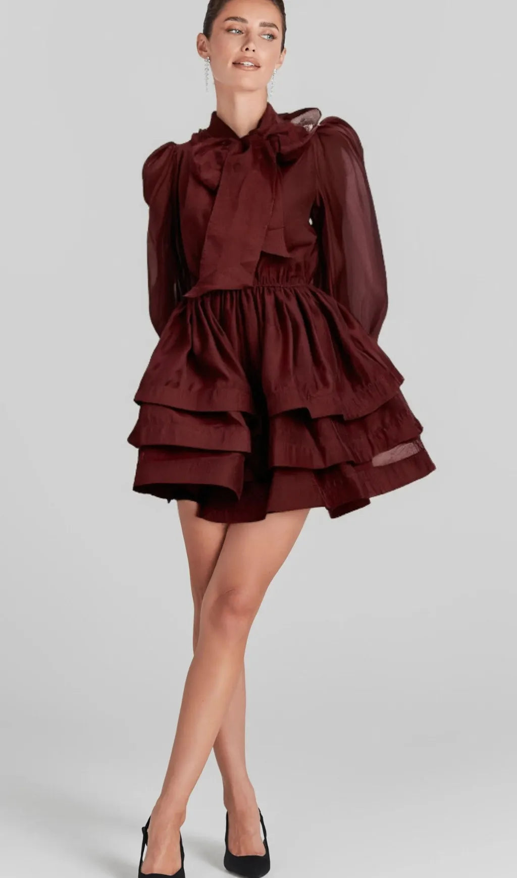 Élodie tiered flared mini dress in Red Flowering Girl