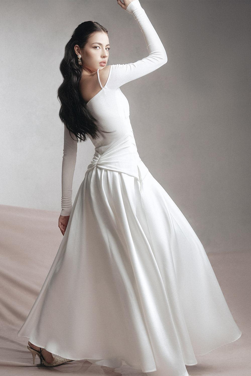 White A-Line Cold Shoulder Sleeved Spandex Taffeta Maxi Dress Flowering Girl
