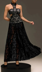 Gavelyn Halterneck Cutout Lace Maxi Dress In Black Flowering Girl