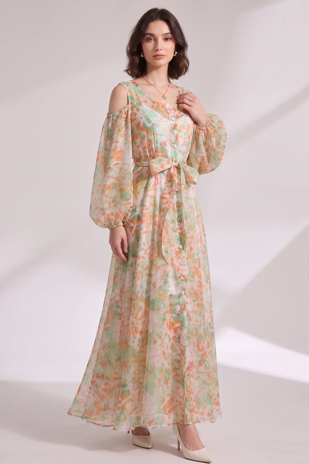 White Sheer Chiffon A-Line Flowy Maxi Dress with Cold-Shoulder Balloon Sleeves Flowering Girl