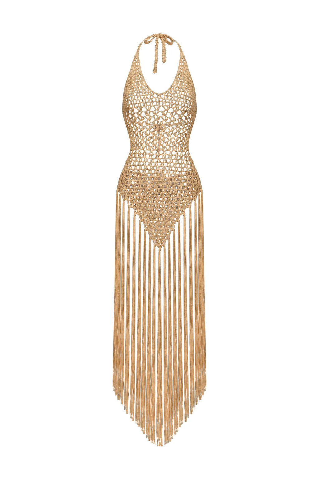 Khaki Hollow Crochet Halter Fringe Mini Cover-Up Dress Flowering Girl