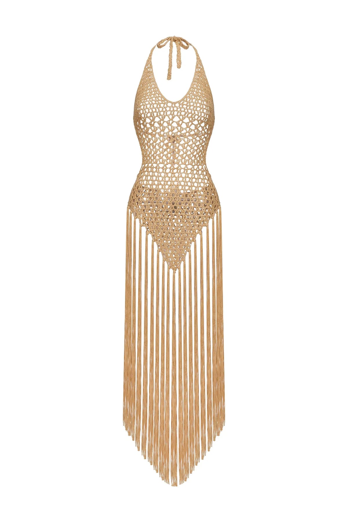 Khaki Hollow Crochet Halter Fringe Mini Cover-Up Dress Flowering Girl
