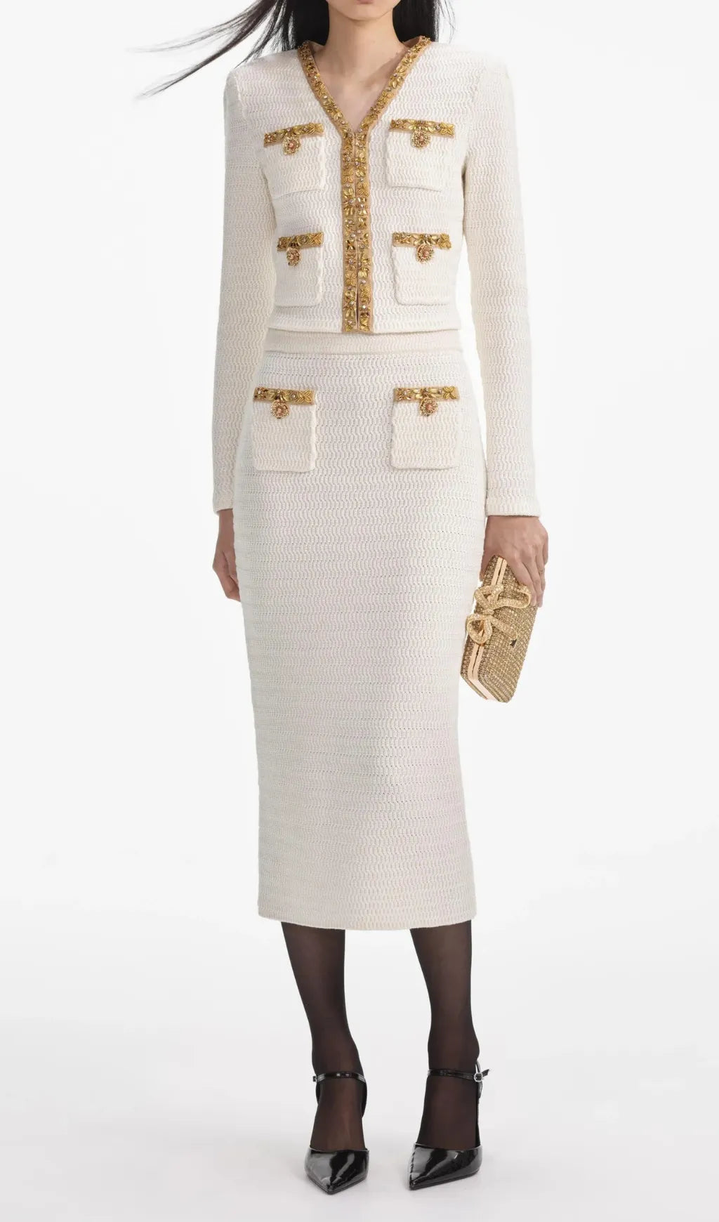 Cream Lurex Knit Midi Skirt Flowering Girl