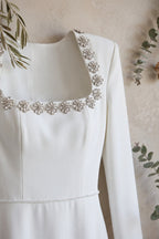 White Structured Crepe Column Gown with Tiered Fringe Flowering Girl