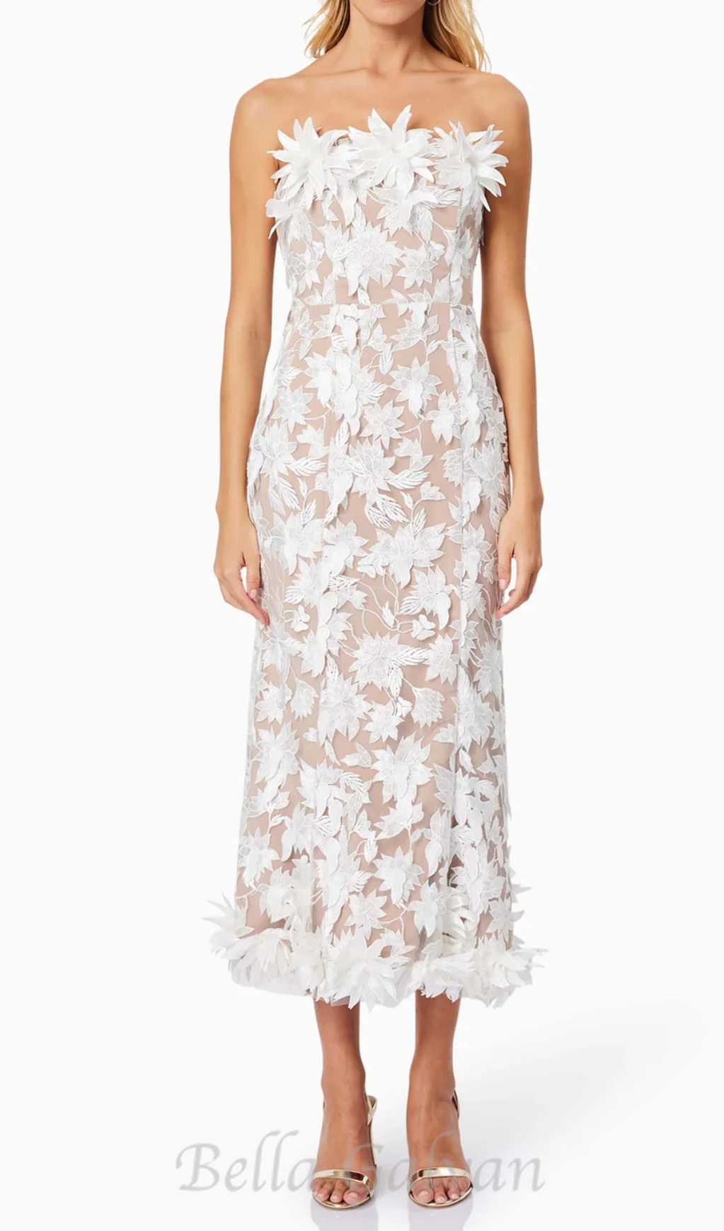 3D flower embroidery strapless midi dress in beige Flowering Girl