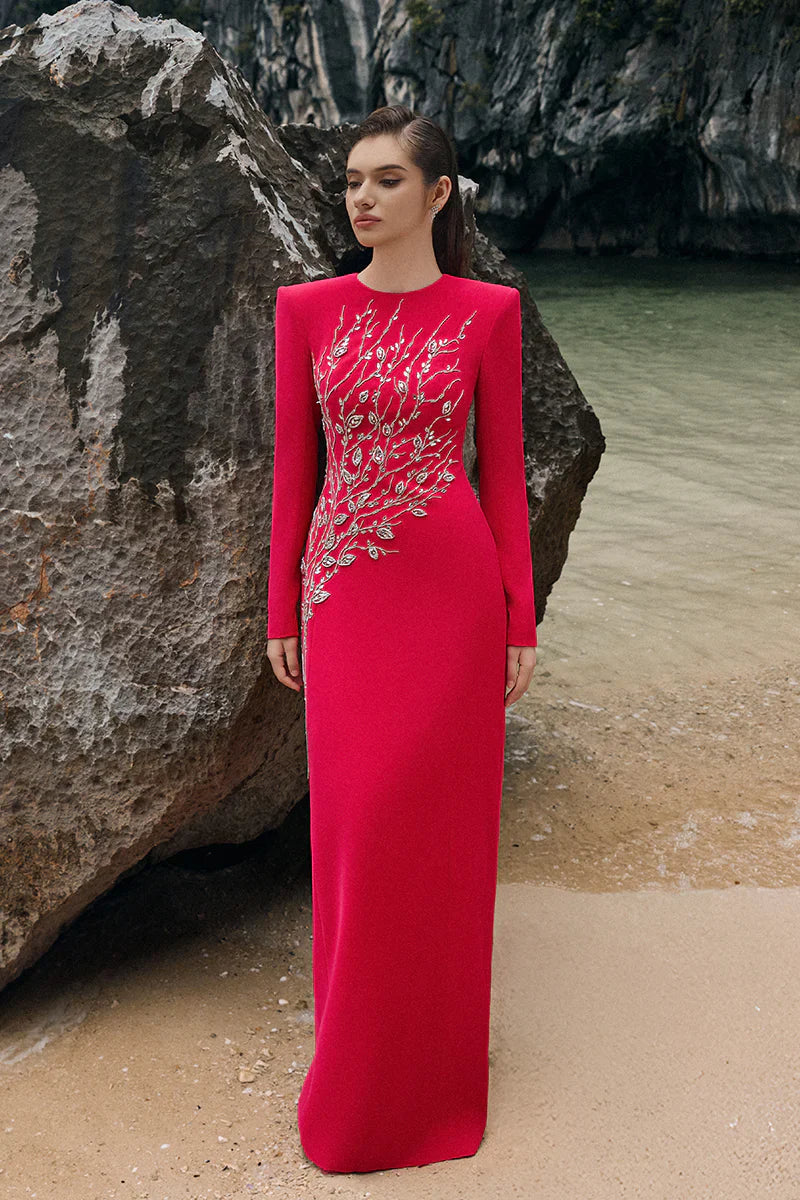 Hilary Red Padded Shoulder Crystal Embellished Straight Maxi Dress Flowering Girl