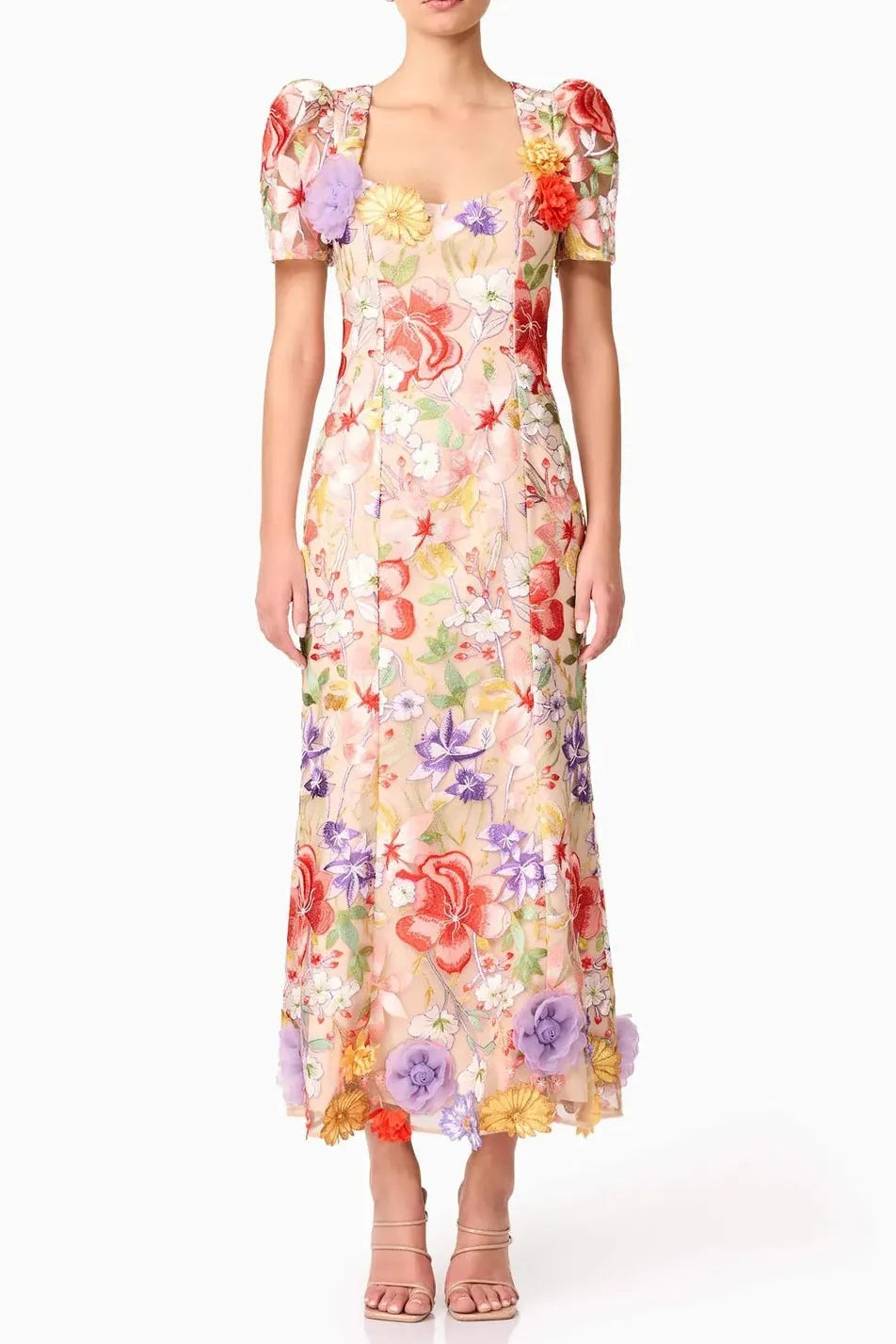 Trista Multicolor Square Neck Backless Mesh Embroidered Fishtail Maxi Dress Flowering Girl