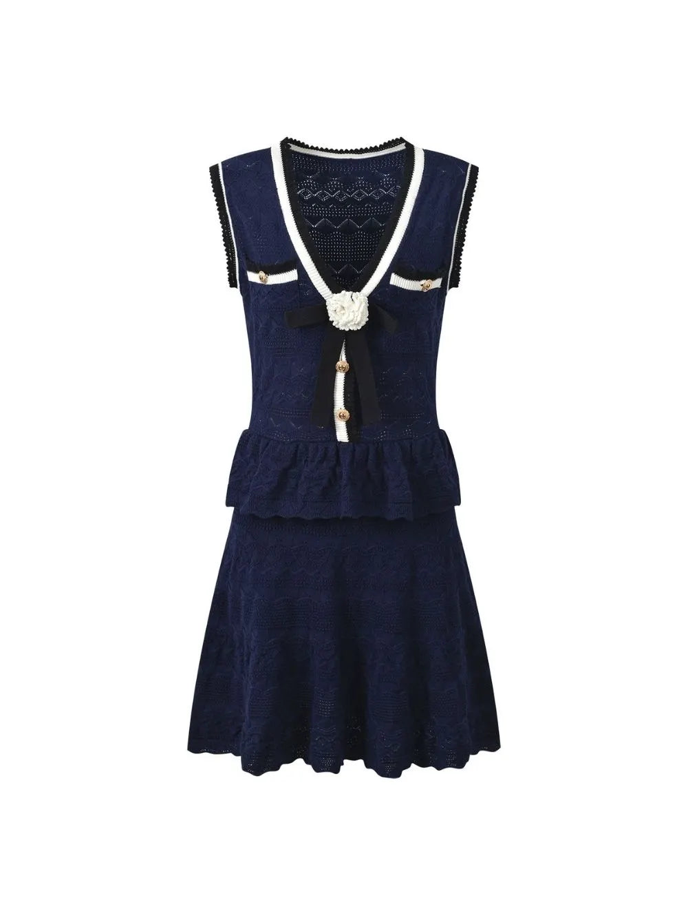Pointelle Knit Mini Dress - Navy Flowering Girl