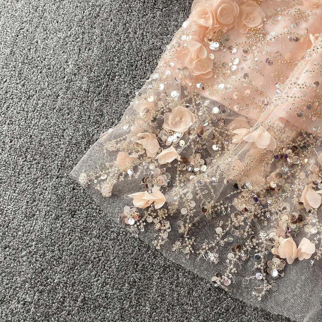 Blush Pink Tulle Mesh A-Line Shift Dress with Floral Embellishment Flowering Girl