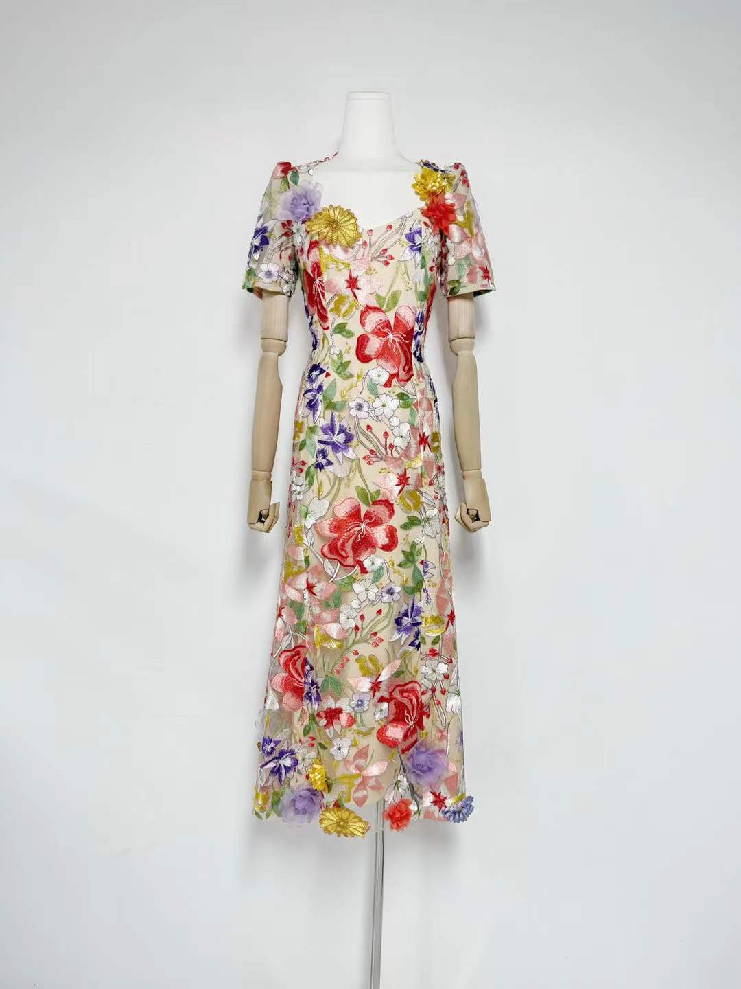 Trista Multicolor Square Neck Backless Mesh Embroidered Fishtail Maxi Dress Flowering Girl