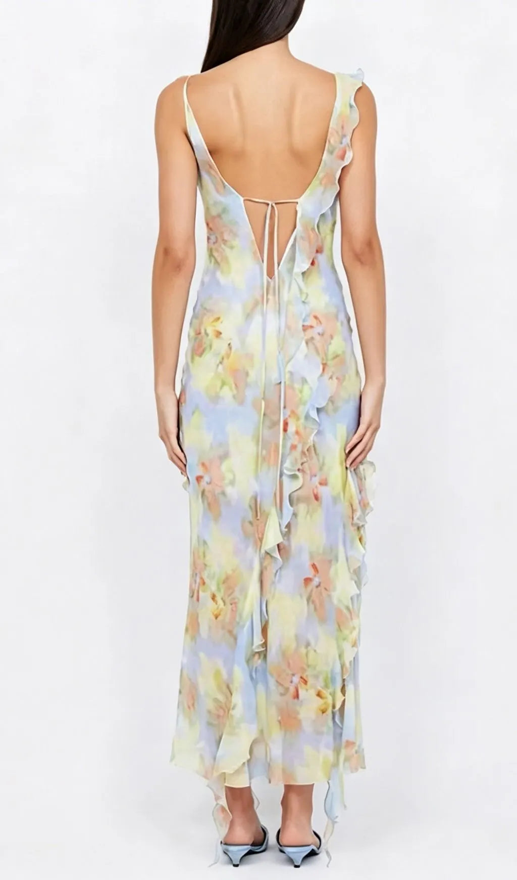Jessie Blue Tie Dye V-Neck Ruffle Tie-Up Midi Dress Flowering Girl
