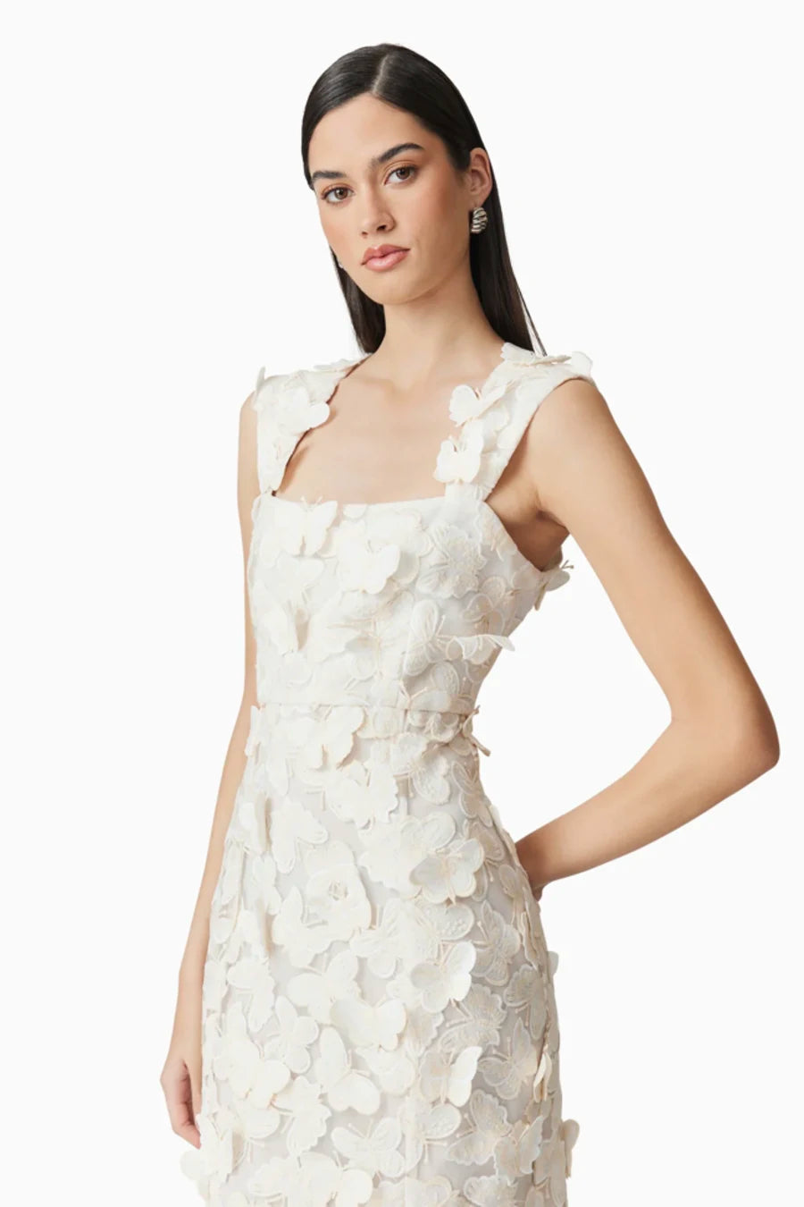 Square Neckline 3D Flower Embroidery Gown In White Flowering Girl