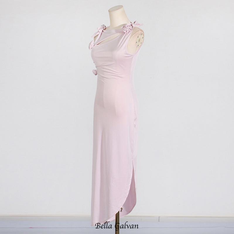 3d flower asymmetric satin slit gown in pink Flowering Girl