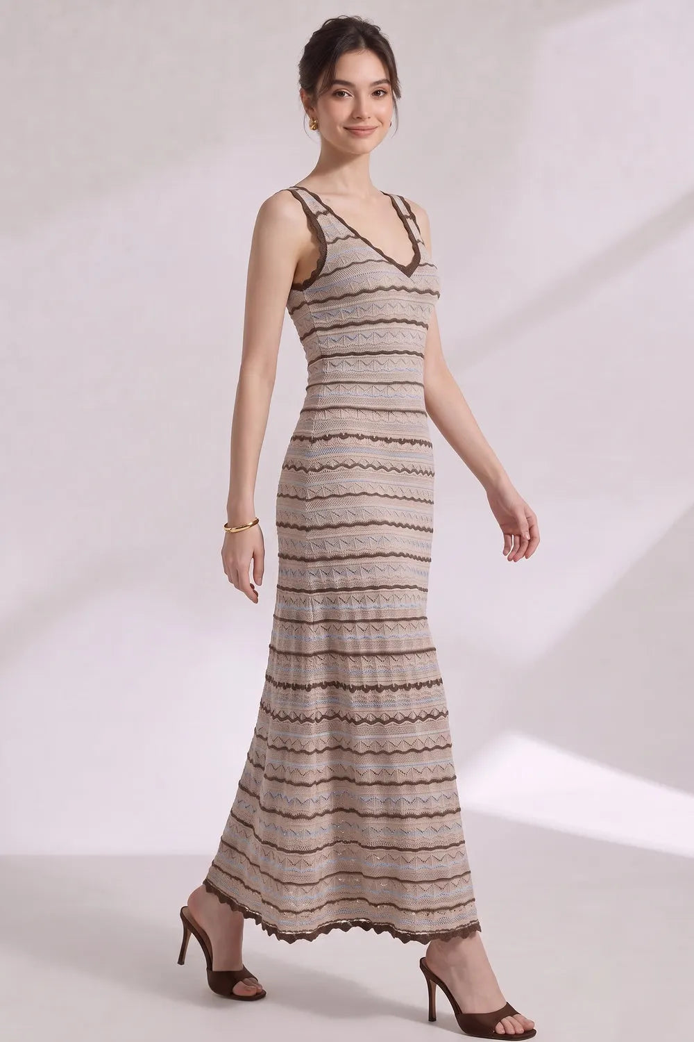 Beige Crochet-Style Knit A-Line Maxi Dress Flowering Girl