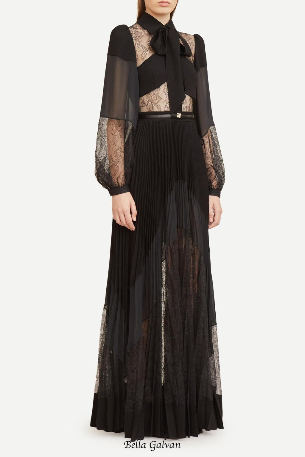 simona lace splice Pleated maxi Dress in black Flowering Girl