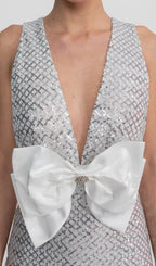 Sequin Maxi Dress With Satin Bow Detail - Light Grey Flowering Girl