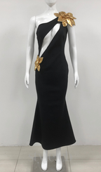 Eunice Gold 3D Flower Cut Out Black Maxi Dress Flowering Girl