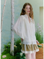 Beige Hollow Embroidered Lantern Sleeve Stand-Collar Ramie Shirt Flowering Girl