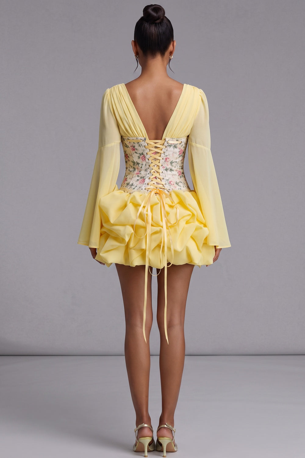 Pastel Yellow Chiffon Fit-and-Flare Mini Dress with Corset Bodice Flowering Girl
