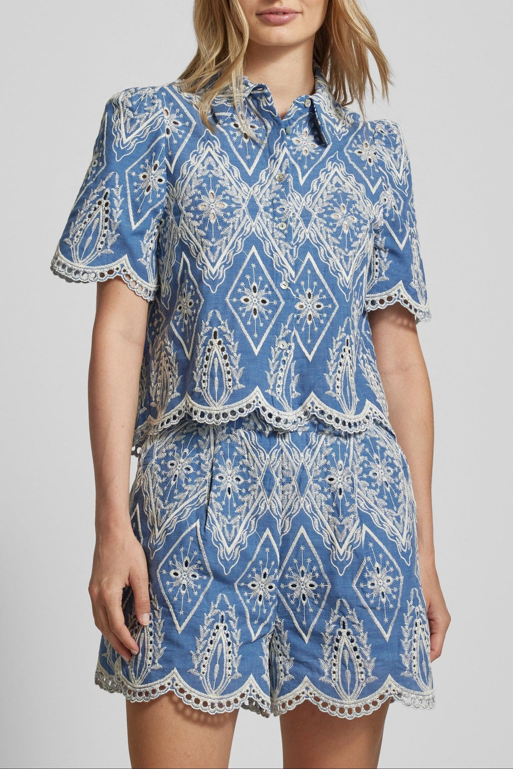 Blue & White Embroidered Puff Sleeve Lace Blouse Flowering Girl
