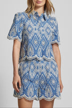 Blue & White Embroidered Puff Sleeve Lace Blouse Flowering Girl