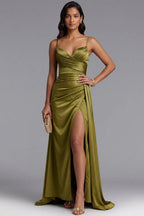 Olive Green Satin Evening Gown with Draped Bodice and High Slit Flowering Girl