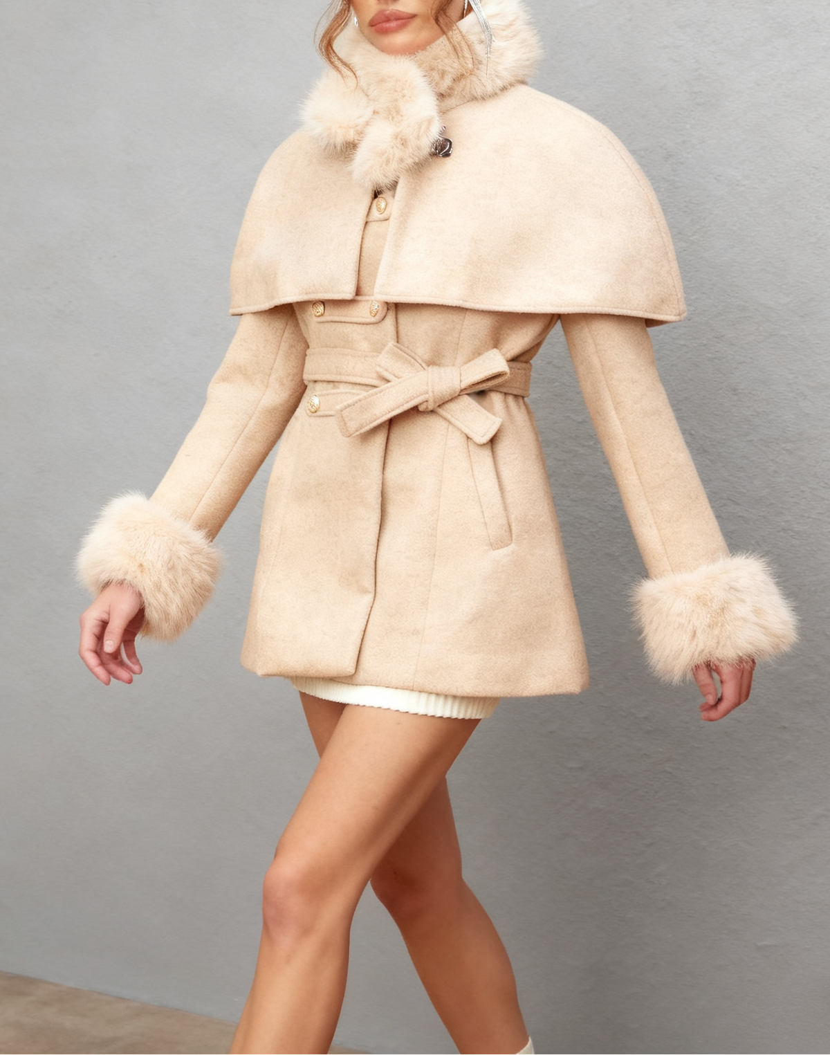 Rosella Detachable-Cape Faux-Fur Coat Flowering Girl