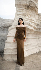 Kalinda Brown Pleated Off-Shoulder Mesh Maxi Dress Flowering Girl