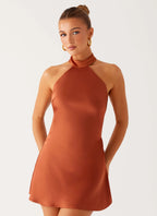 Halter Backless Satin Mini Dress In Rust Flowering Girl
