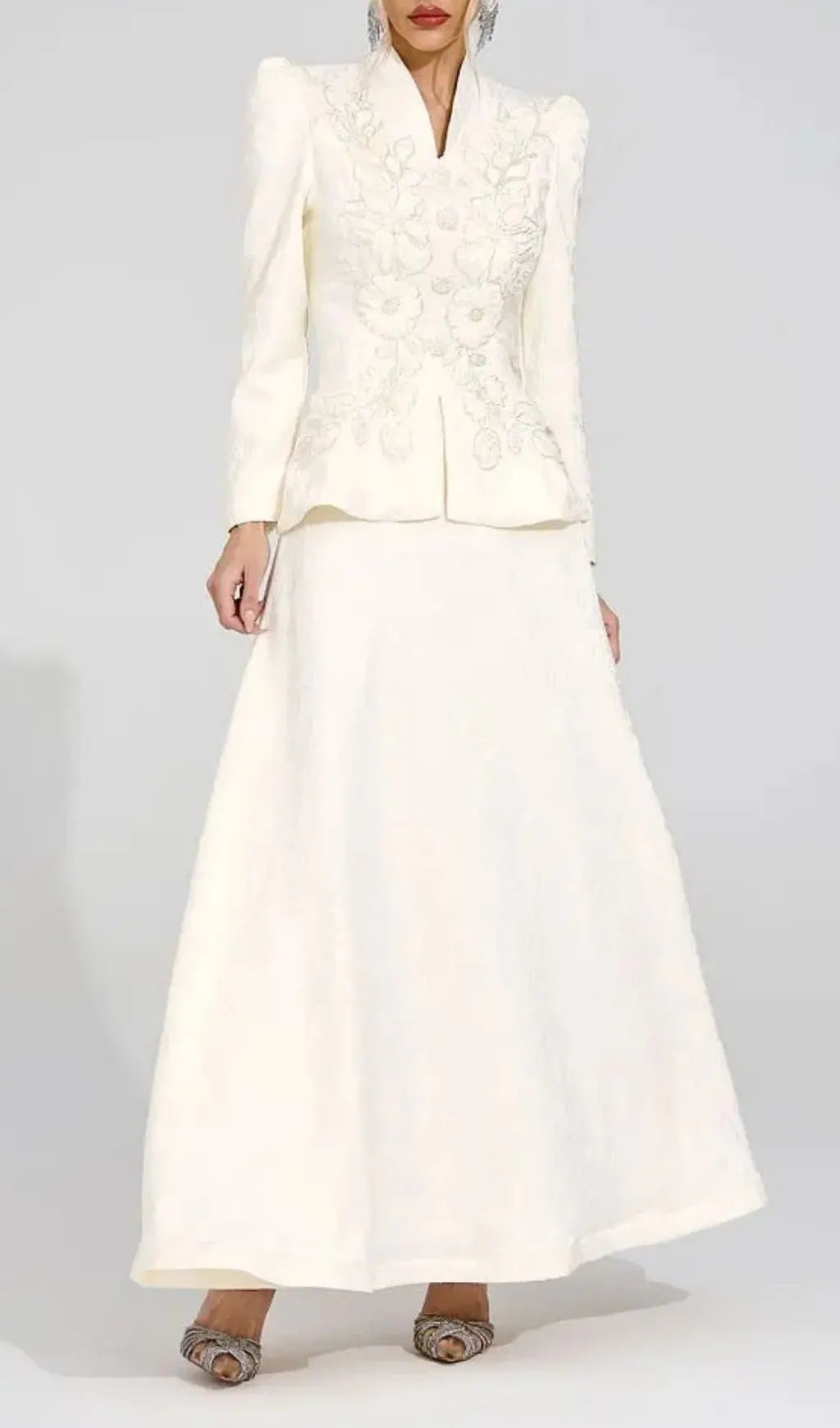 Sabrina Floral Embroidered Coat Maxi Skirt Set - Apricot Flowering Girl